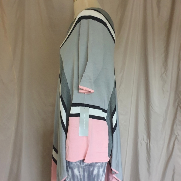 NY Collection Pink & Grey Strip Short Sleeve Asymmetrical Sweater Poncho Sz Md - Picture 11 of 15